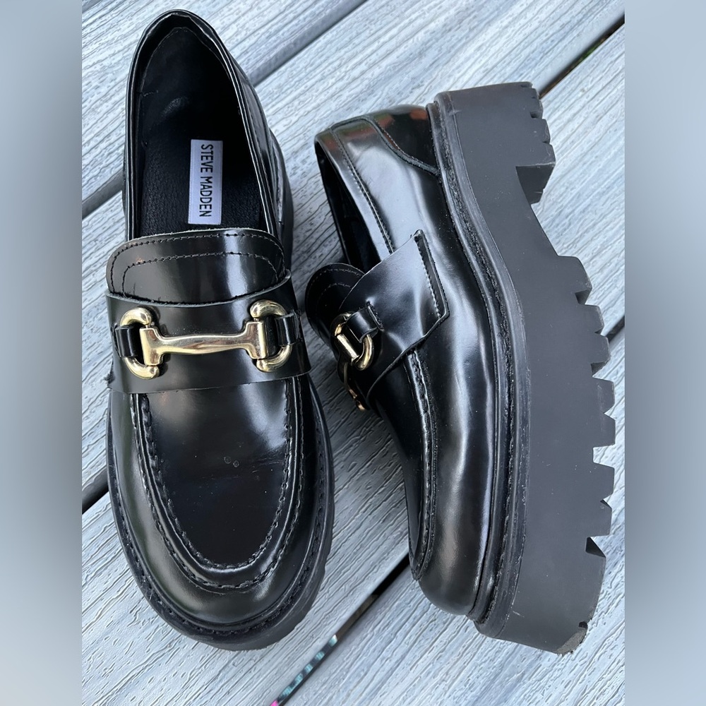 Steve Madden Black Patent Chunky Loafers with Gold Bit